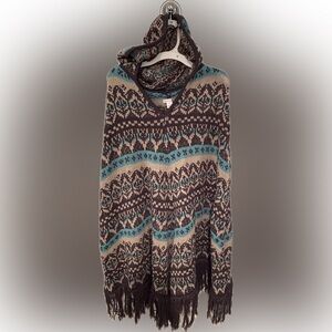 Women's Patterned Hoodie Poncho - Black, Cream, and Blue